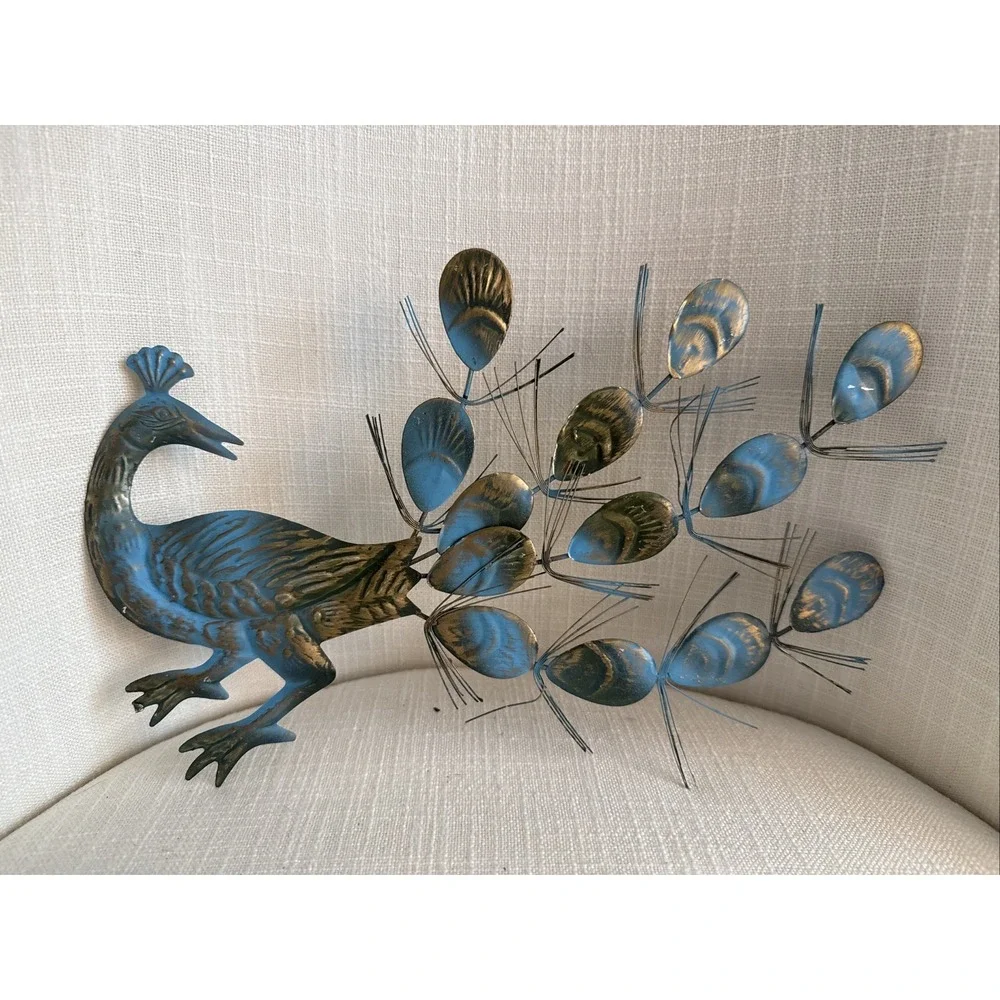 Set Of 4 Peacocks Wall Hangings Art Metal/Tin‎ Turquoise Blue/Gold Hong Kong